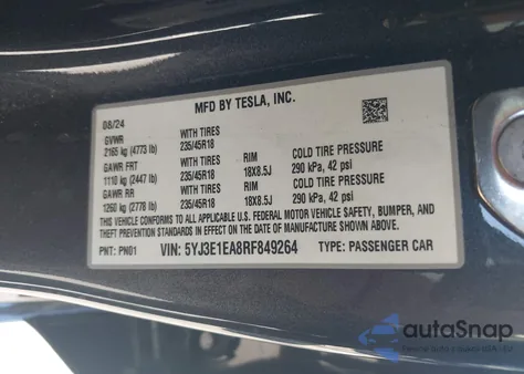 2024 Tesla Model 3 из США, поврежденный, VIN 5YJ3E1EA8RF849264